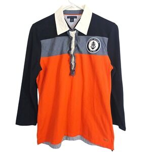 Tommy Hilfiger Womens Nautical Long Sleeve‎ Polo Rugby Shirt Orange Navy NWOT